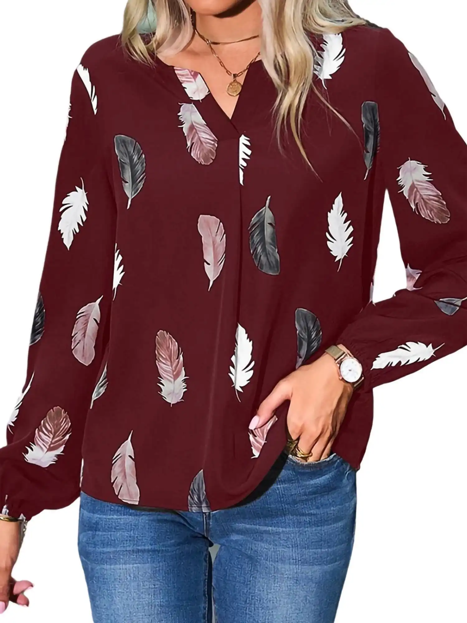 Blusa de manga larga con cuello en V para mujer, camisa informal de gasa, Tops de moda, corte Suelto