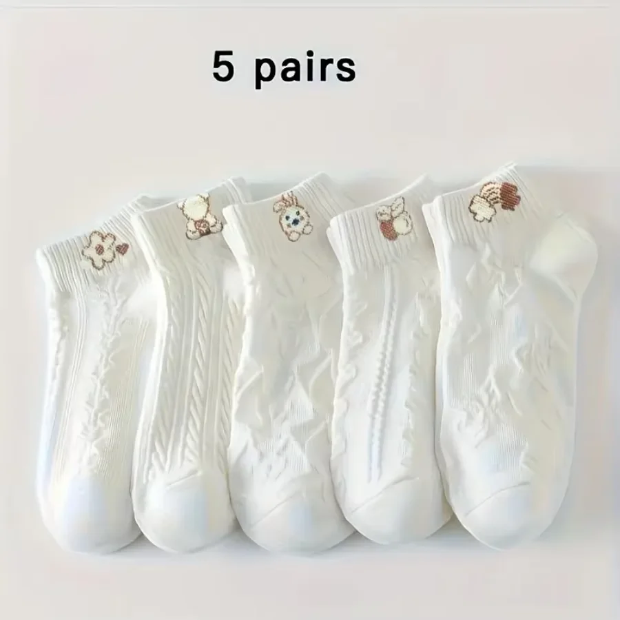 5/10 Pairs Cartoon Bear Floral Socks, Soft Breathable Summer Crew Socks, Machine Washable Casual Socks for Women Daily Home Wear