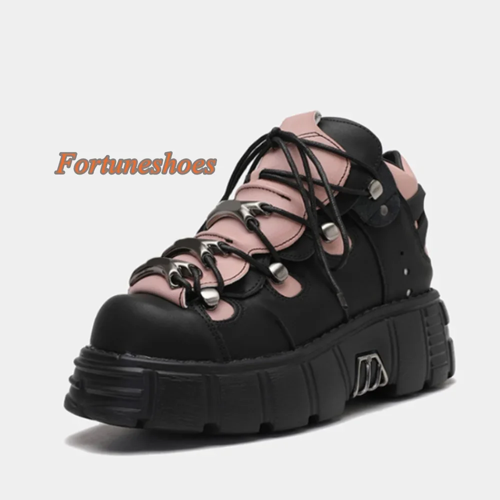 

Patchwork Platform Metal Chunky Heel Sports Shoes Lace Up Round Toe Women Sneakers Fashion Casual Rivet 2025 Newest Spring Shoes