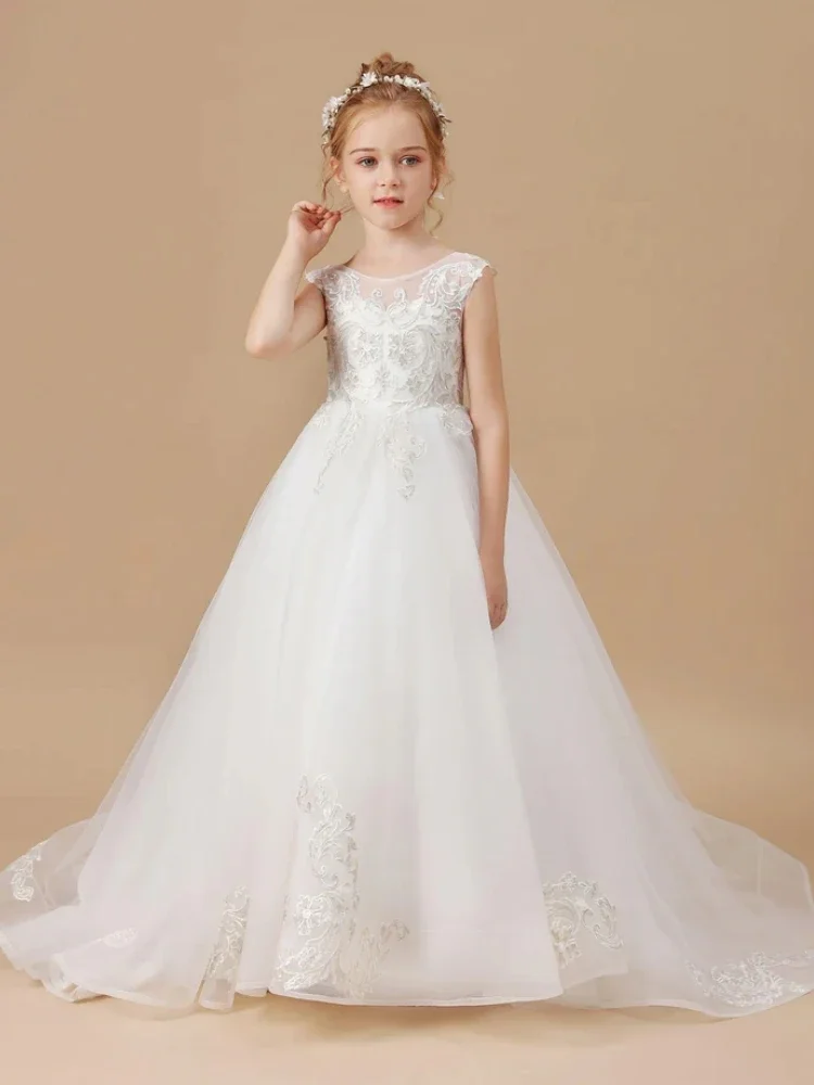 

White Tulle Patterned Embroidery With Tailing Sleeveless For Wedding Birthday First Communion Gowns Flower Girl Dresses