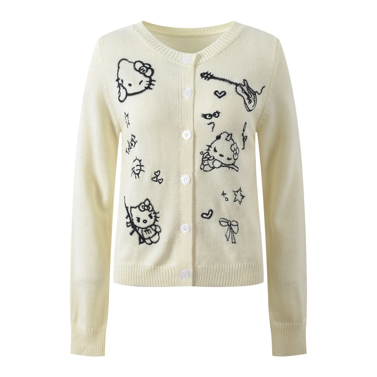 

High-End European Sle Knitted Long Sve round Ne Embroidery Open Cardigan Cute Cartoon Print Fem Winter Top