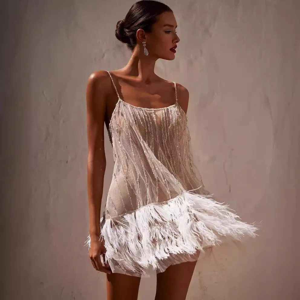 Fringe Feathers Gown Midi Waist Private Celebrity Style with Summer Party Dress Patchwork Date Daily Dance Sexy for Women