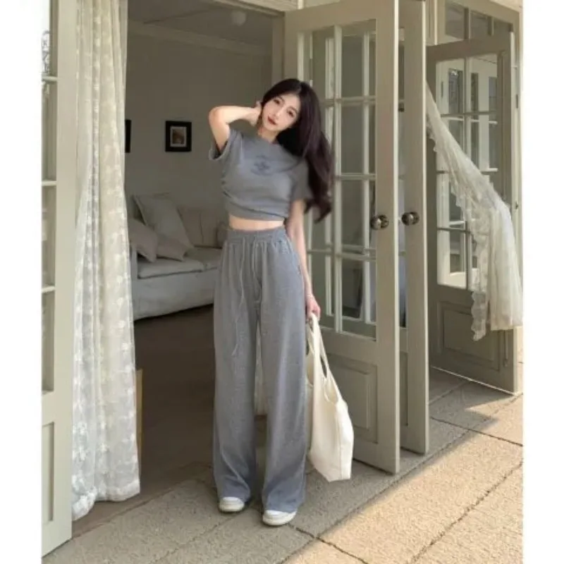 Women Summer Fashion Suit Short Tied Short-sleeved T-shirt + Wide-legged Casual Long Pant Two Piece Sets Commute Women Clothing