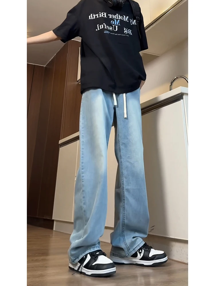 

Soft Ice Silk Jeans Light Blue Men's Summer High Waist Long Pants Straight Leg Loose Fit Teenagers Wear Resistant Thin Denim