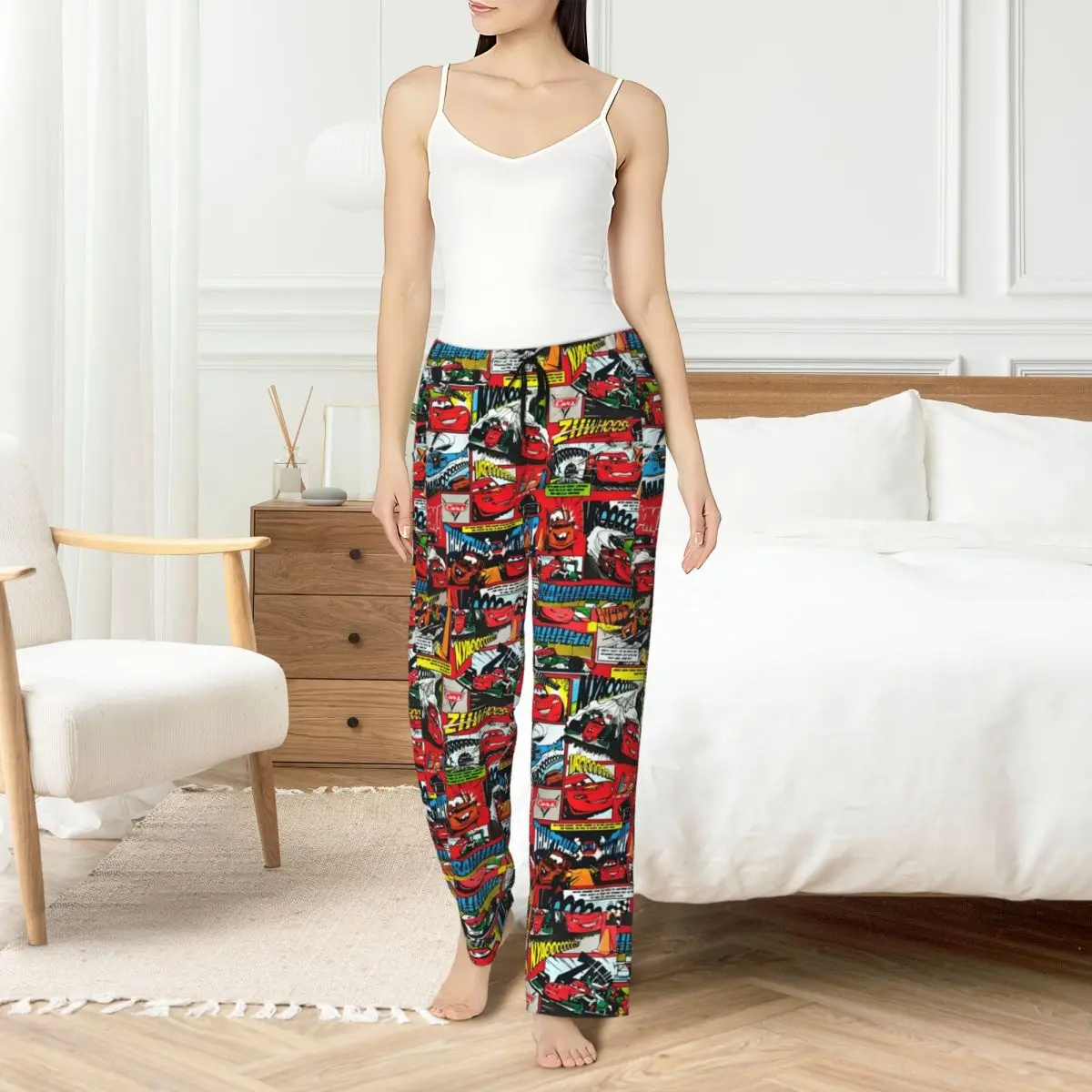 

Custom Women Lightning McQueen Pajama Pants Printed A speeding race car Sleep Sleepwear Bottoms with Pockets