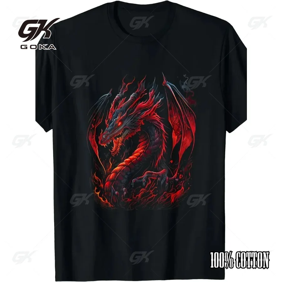 Red Fire Dragon Fantasy Art T-Shirt, Black Mythical Fiery Dragon Graphic Clothes, Medieval Fantasy Creature Casual Streetwear