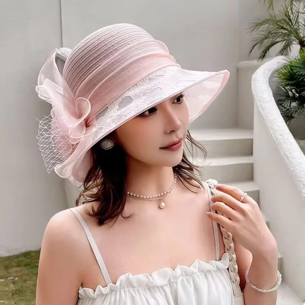 Fashion Wide Brim Bridal Tea Party Wedding Hat UV Protection Breathable Organza Hat Beach Hat Women