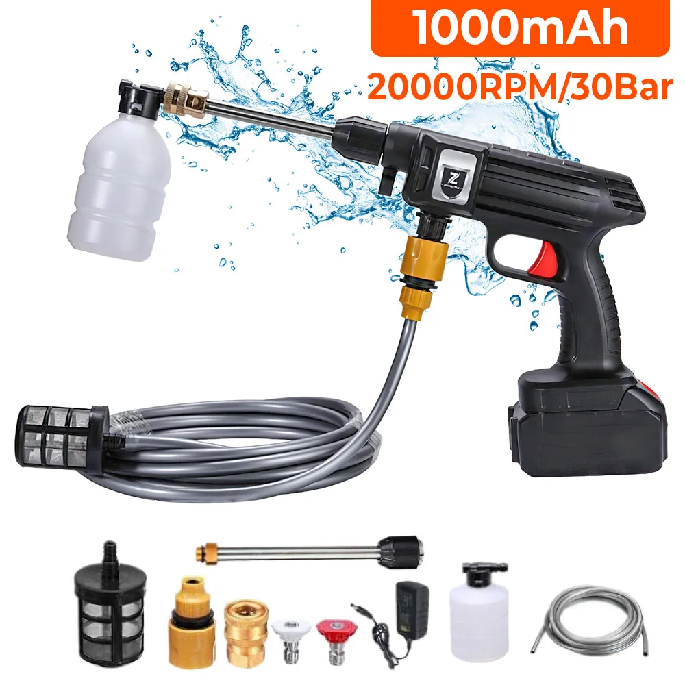 1500W 30Bar Cordless High Pressure Car Washer Spray Water Gun 10000mAh Battery Foam Generator Car Washing Machine for Home