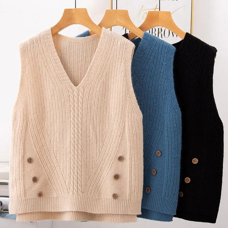 2023 Autumn/Winter New V-neck Pullover Knitted Sweater Tank Top Women\'s Versatile College Style Short Sleeveless Vest