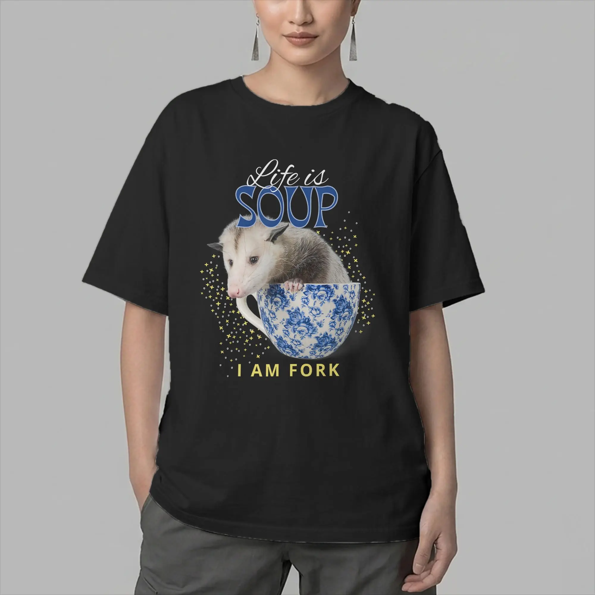 Men's Life Is Soup I Am Fork Funny Opossum T Shirts  Cotton Clothes Vintage Short Sleeve Round Neck Tee Shirt Graphic T-Shirt