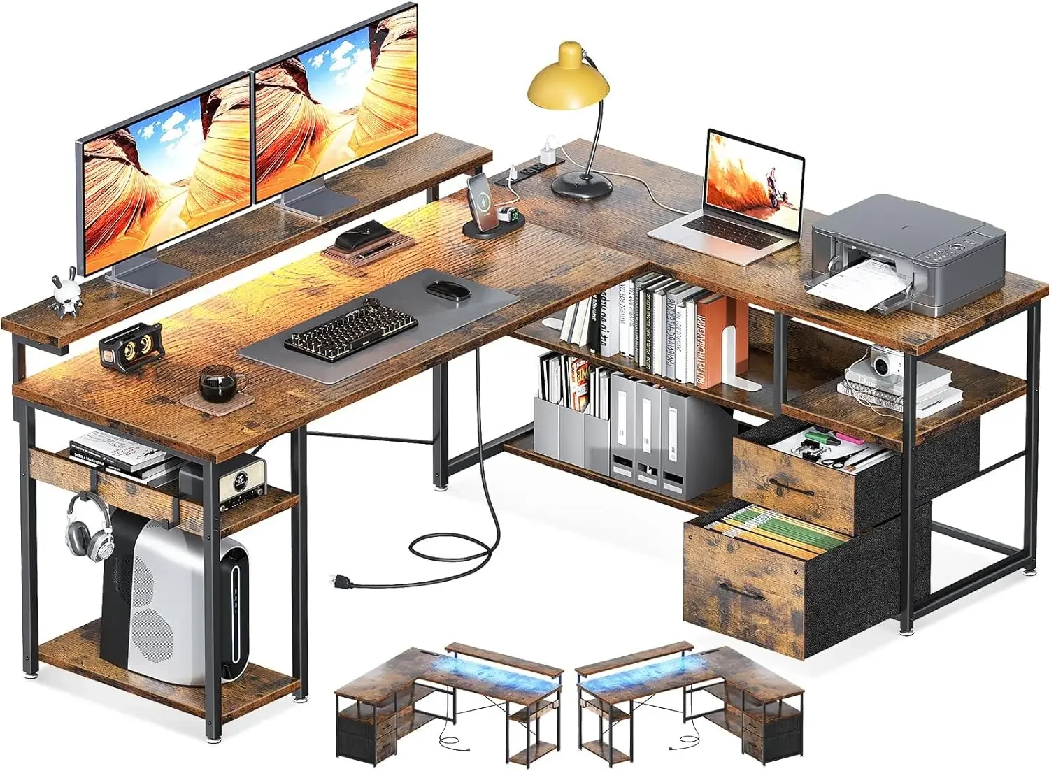 L Shaped Gaming Desk com Power Outlets e LED Strip, mesa do computador reversível com gaveta de arquivo, Home Office Desk