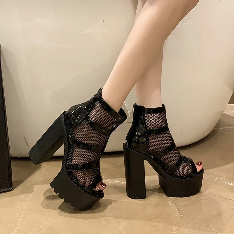 Black 14CM High Heels Sandals Gothic Peep Toe ZIpper Ankle Boots Women Breathable Mesh Summer Waterproof Platform Cool Boot