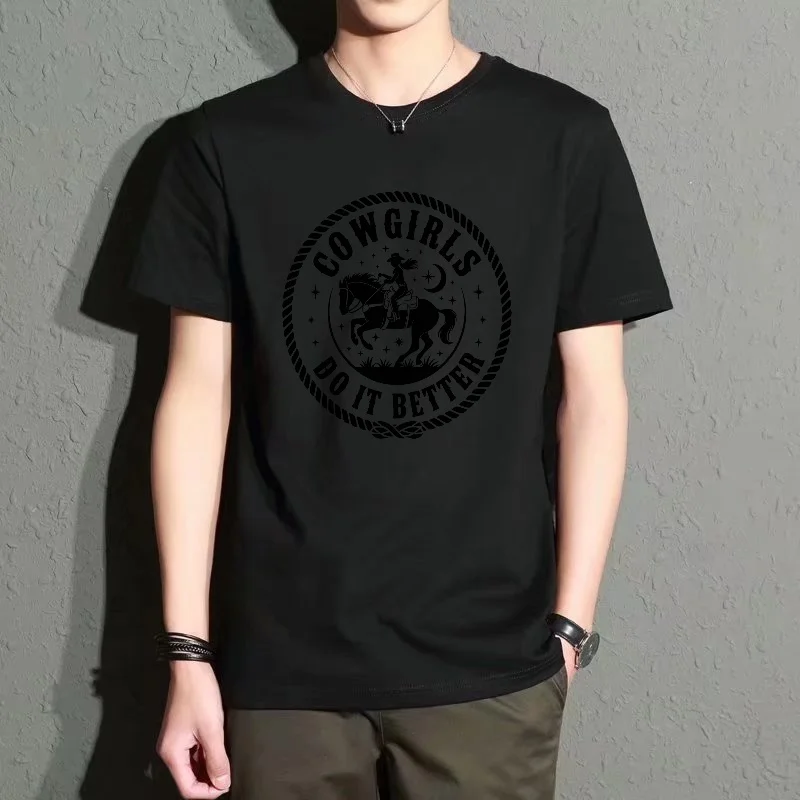 Camiseta Negra de Cuello Redondo y Manga Corta para Hombre con Estampado Estilo Western, Prenda Informal Holgada, Prenda Moderna y Versátil para Uso Diario, Cómoda y Transpirable