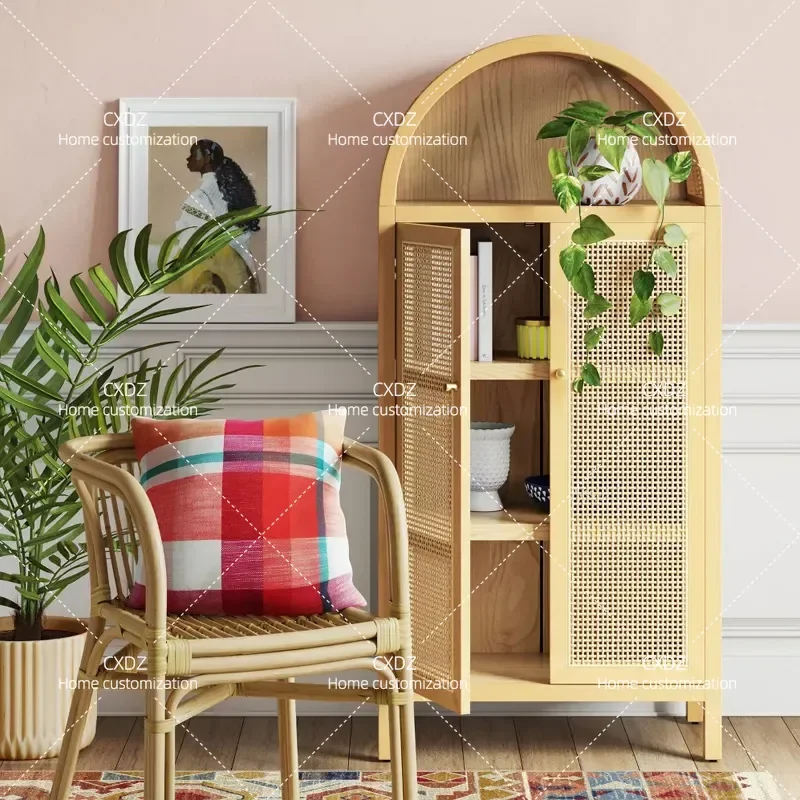 American light luxury braided rattan arched bookcase modern simple living room storage cabinet French rural retro solid wood
