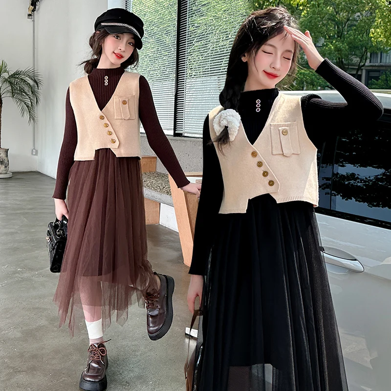 

Girl Princess Stitching Sweater Dress Autumn and Winter Thick Warm Clothing Set Children's Knitted Pullovers+Jacket TR342