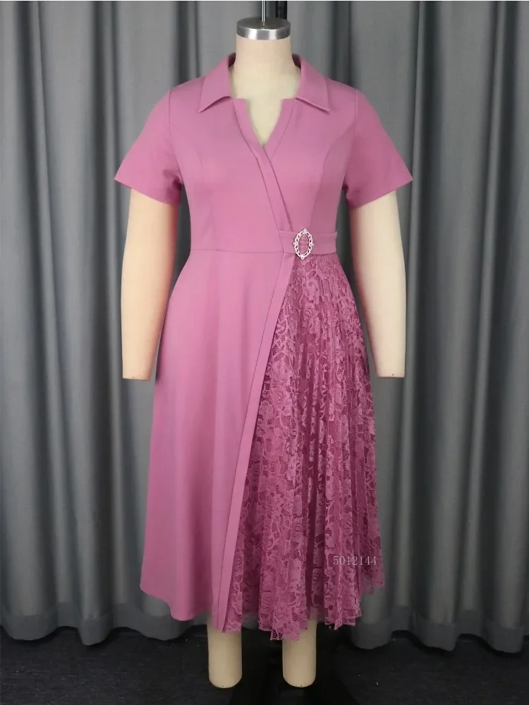 Elegant plus Size Women's Midi Dress Turn-Down Collar Short Sleeves Patchwork Lace Pleated Skirt Belt Cocktail Party Dress