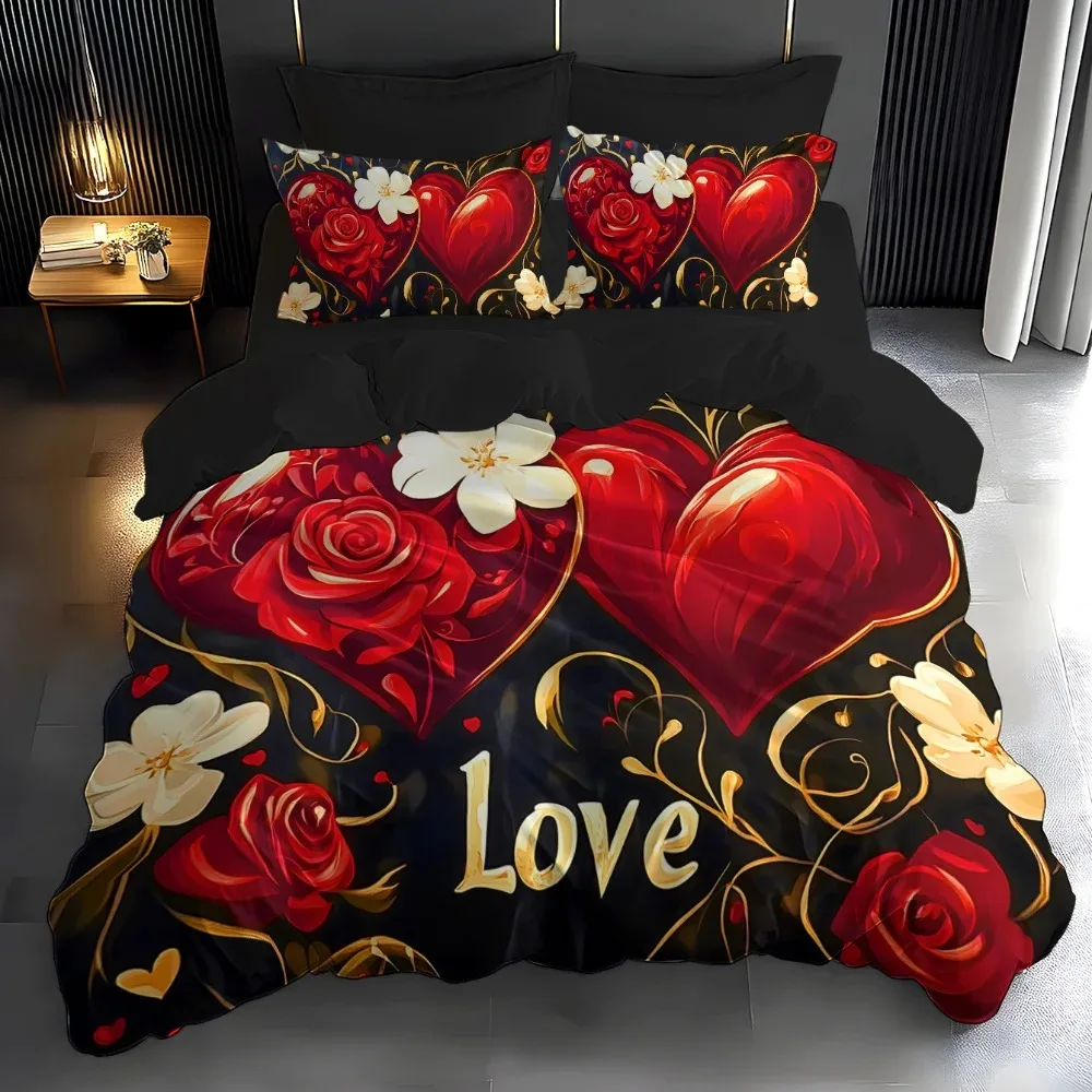 Valentine's Day Duvet Cover Set Romantic Red Love heart King Queen Twin Single Size 228x228 for Couple Bedroom Decor Gift