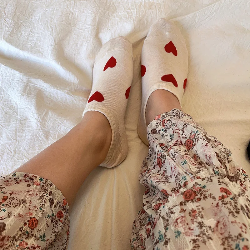 5 Pairs/Lot Cute Love Heart Print Socks Women Low Cut Cotton Korean Style Kawaii Girls Designer Sock Ankle Set Sokken Gifts