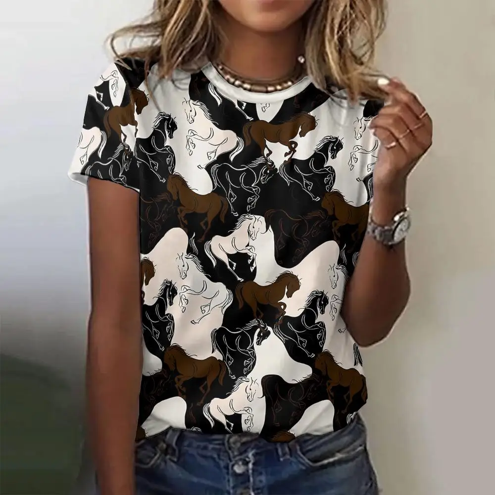 Summer Women T-Shirts Short Sleeved West Cowboy Horse Print T Shirts Fashion Women\'s T-Shirts Oversized Y2k Top Female Clothing