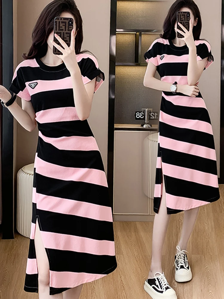 Minceur plissé Midi Dr T-shirt d'été à fines rayures pour femmes Dr Faionable Casual A-Line Silhouette ronde Ne ort Sl...