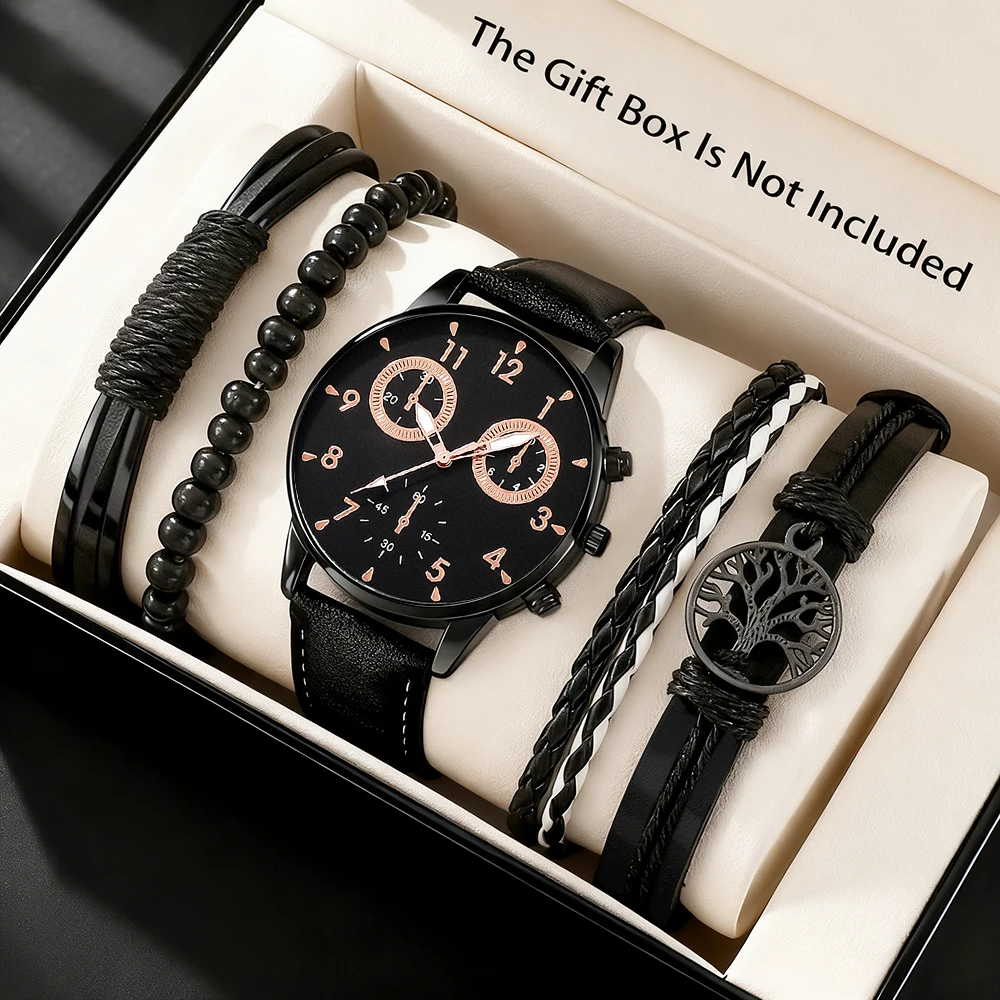 5pc Simple and Fashionable Men's Watch Fashion Leather Strap Simulation Quartz Watch with Braided Bracelet Set