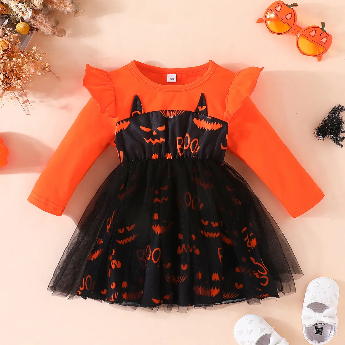 Halloween Pumpkin Dress Children Girls Pumpkin Bat Dress Kid Pumpkin Cosplay Costume Baby Cute Outfits Halloween Party Clothings