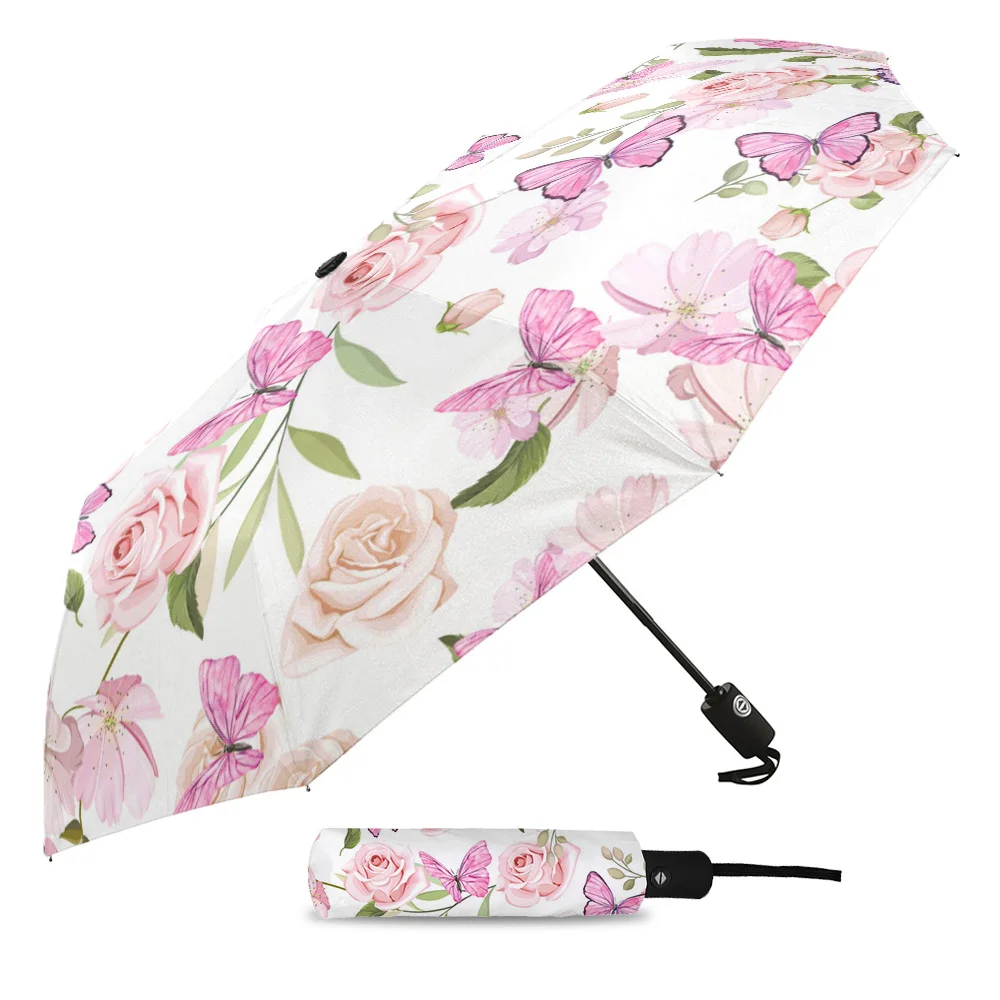 Flowers Butterfly Pink Print Women Men Rain Umbrella Three Folding Girl Durable Portable Automatic Umbrellas Gift Parasol