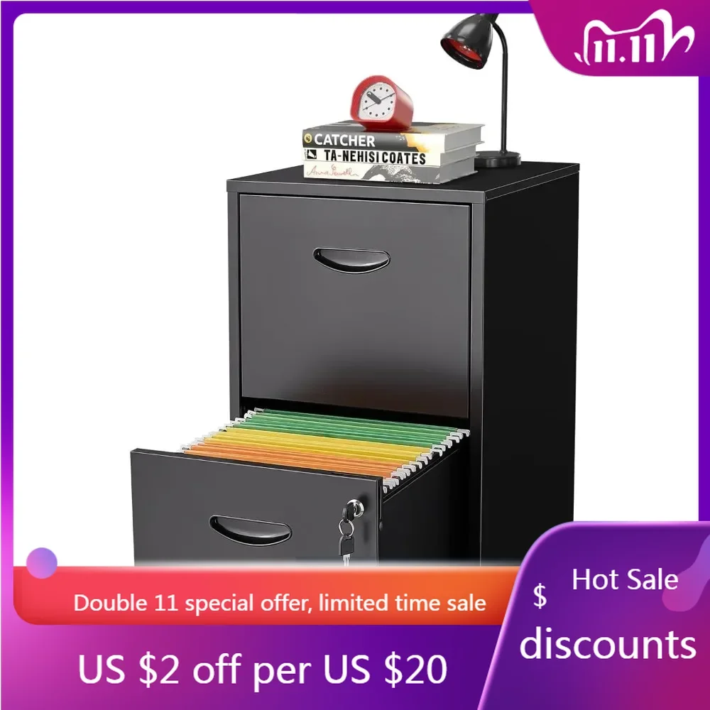 2 Drawer Vertical File Cabinet, Metal File Cabinets with Lock, Adjustable Level Feet, Storage Filing Cabinet for Home Office