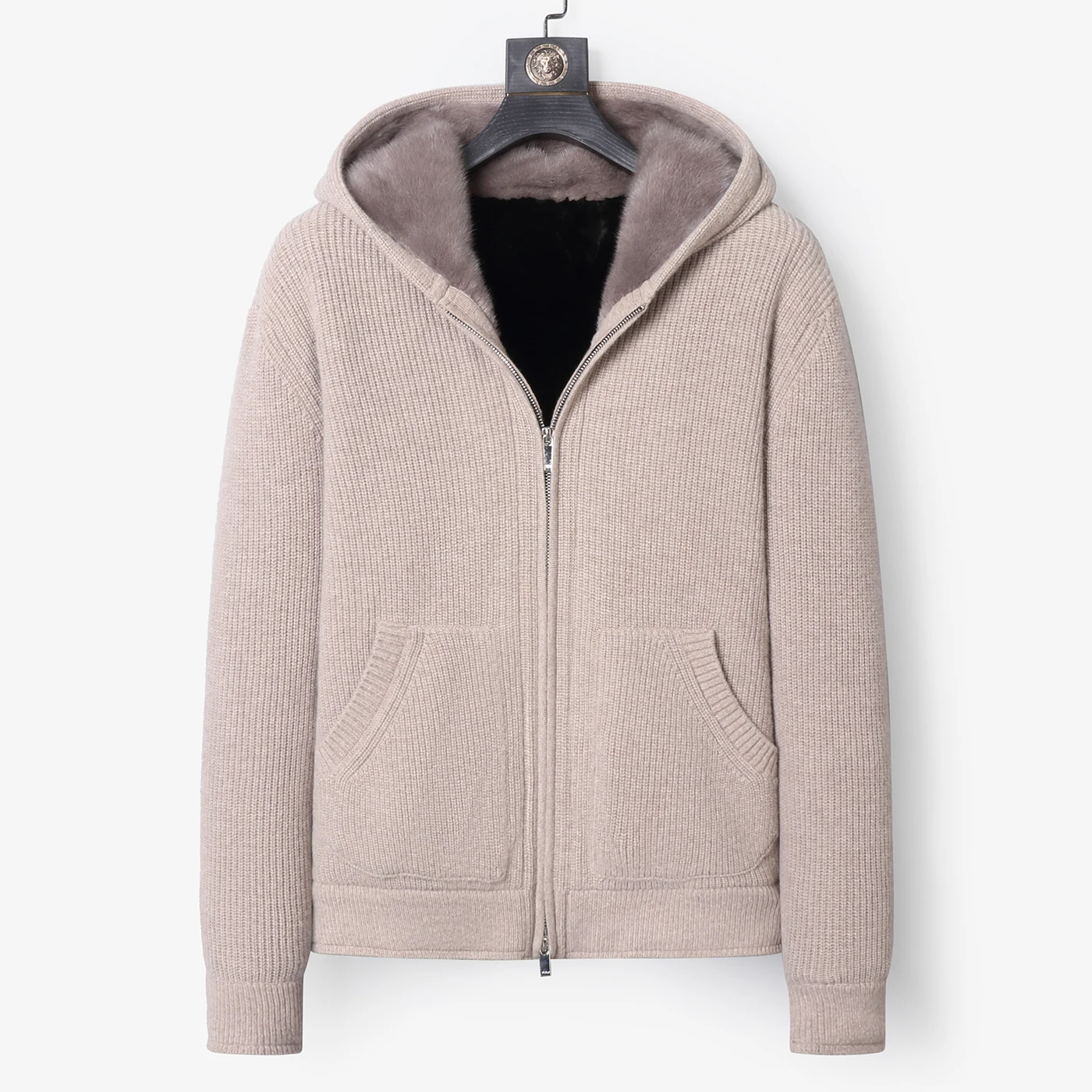 High-End Fashion Winter New Men's Mink Lined Hooded Jacket Thick Integrated Mink Whole Mink Hat Wool Cashmere Sweater