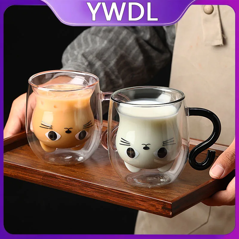 

YWDL 250ml Cartoon Cat Double Wall Glass Cute Coffee Tea Cup Heat-resistant Coffee Mug Handle Espresso Cup For Latte Cappuccino