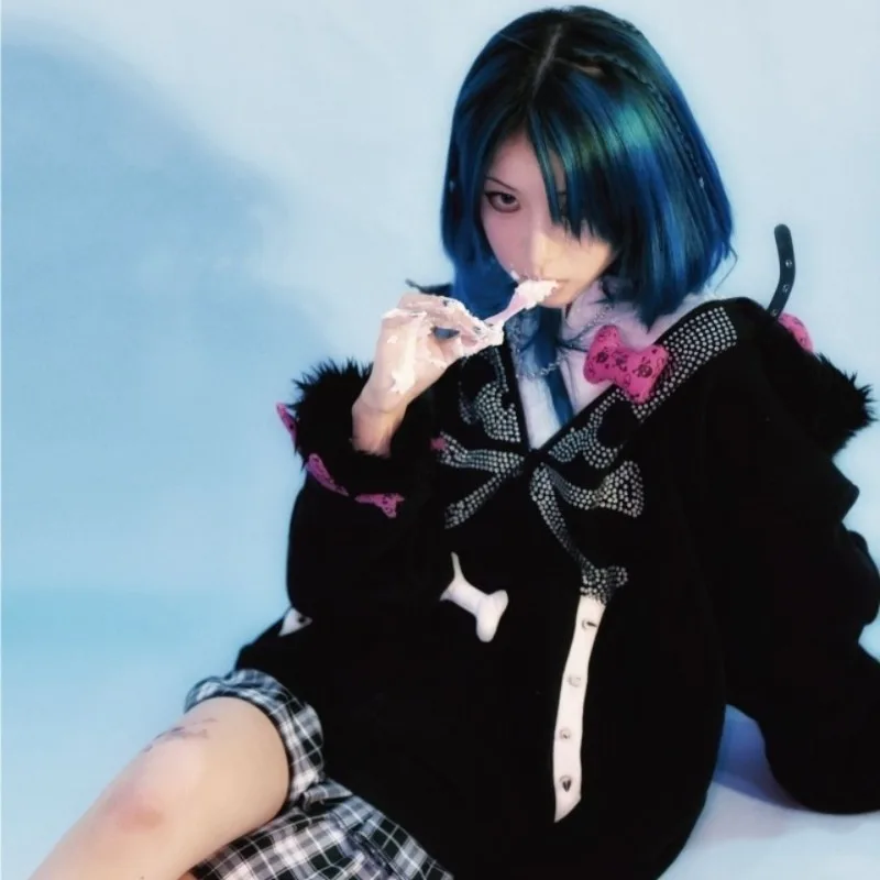 Women's Autumn Spring Tops Sweatshirt Coat Padded Thickened Hooded Long Sleeve Dark Subculture Slim Loose Leisure Simple Niche