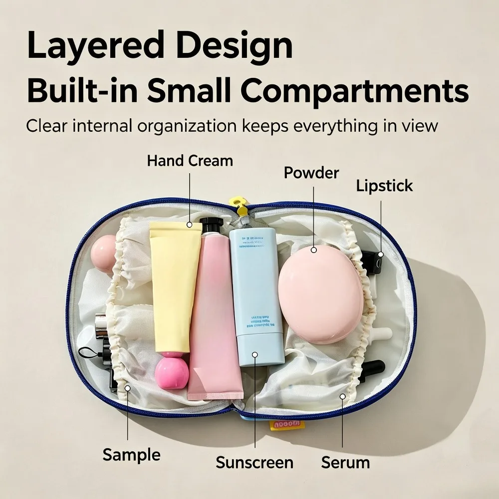 Sweet Cartoon Bear Shell Pattern Half Round Cosmetic Pouch Soft Skin-friendly Fabric Zipper Makeup Bag For Daily Travel Use