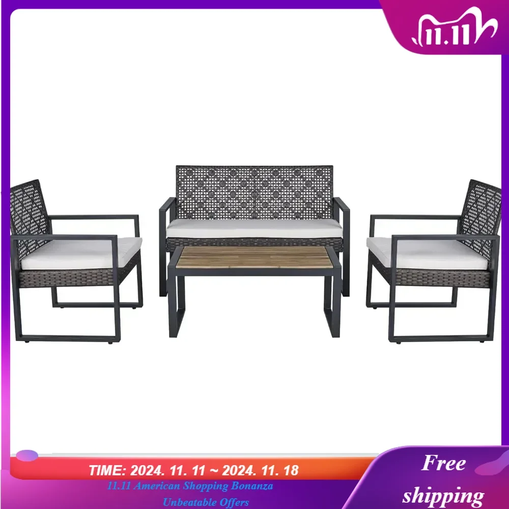 4 Piece Wicker Patio Chairs and Table Conversation Set, Outdoor Sofa Furniture Set for Living Room Bedroom