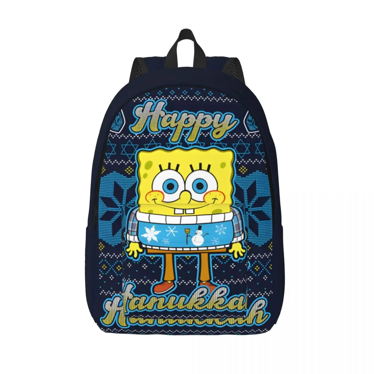 Birthday Gift Squarepants Happy Hanukkah Ugly Sweater Sturdy Shoulder Rucksack SpongeBob Kawaii College Student Knapsack Hiking