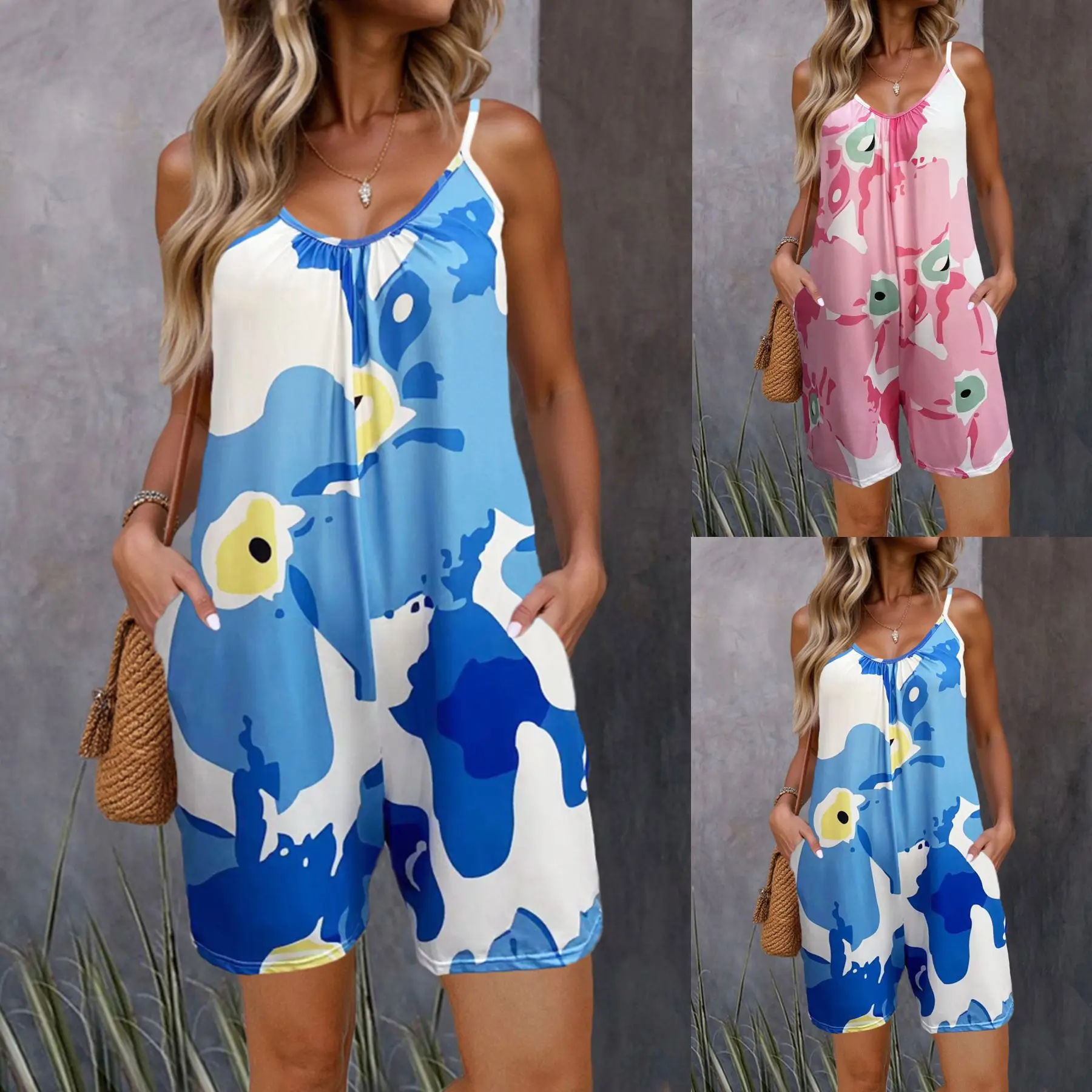 

Women's Summer Casual Printed Camisole Jumpsuit Beach Vacation Loose Shorts For Women Combinaison Short Jumpsuit Women Summer