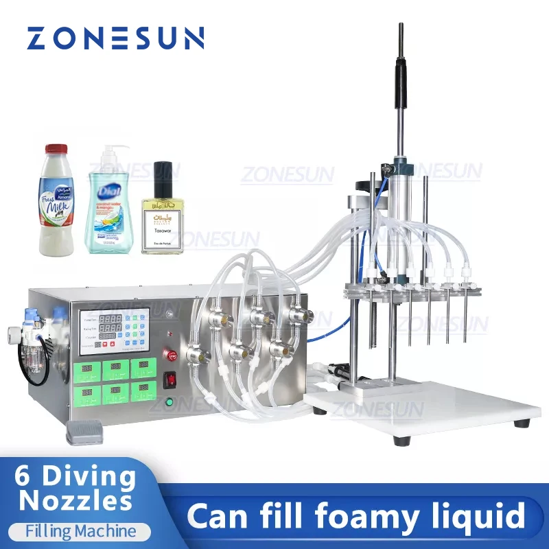 

ZONESUN ZS-MP5500D Semi-Automatic Water Filling Machine 6 Nozzles Essential Oil Perfume Cosmetic Liquid Magnetic Pump Filler