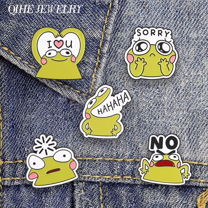 Lustige Cartoon-Frosch-Emoji-Emaille-Pin mit „Sorry“, niedlichen Frosch-Gesichtsausdrücken, „Ich liebe dich“-Herz-Gesten-Brosche, Anstecknadel, Schmuckgeschenke
