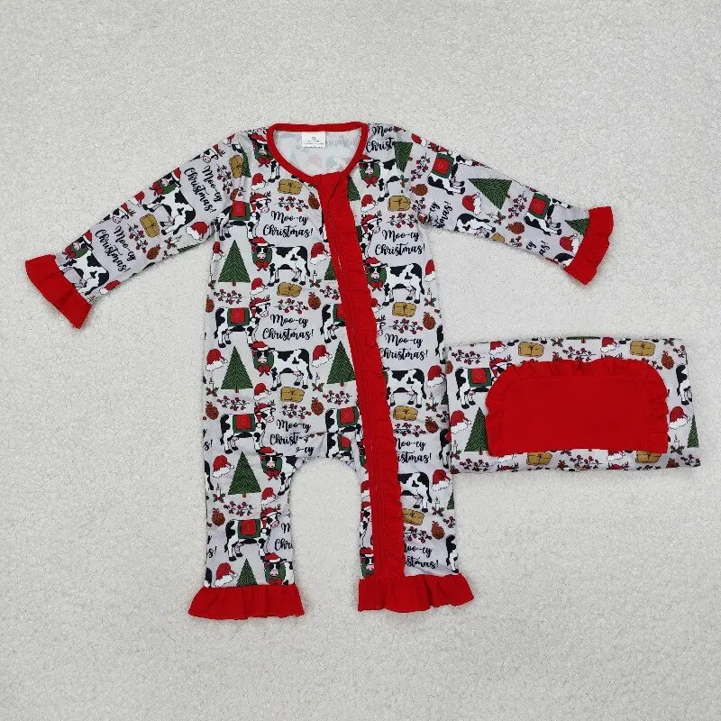 

8.16y Fashion Baby Rompers Long Sleeve Lace Zipper Onesie Christmas Tree Cow Design Gray And Red Boutique Wholesale