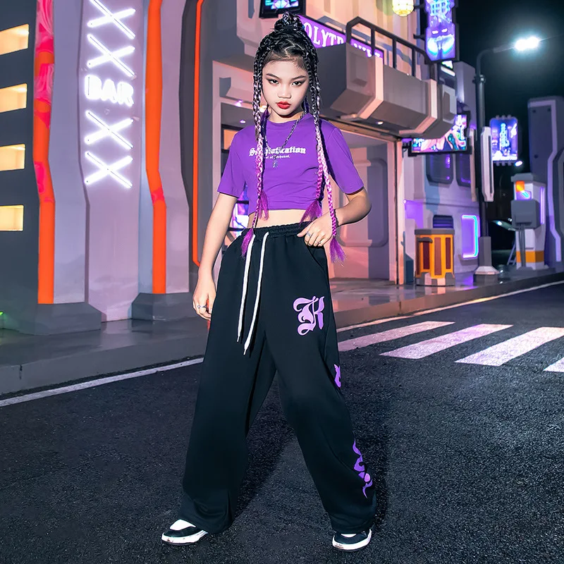 Kid Hip Hop Clothing Purple Letters Crop Top T Shirt Black Casual Street Sport Sweat Pants for Girls Jazz Dance Costume Clothes