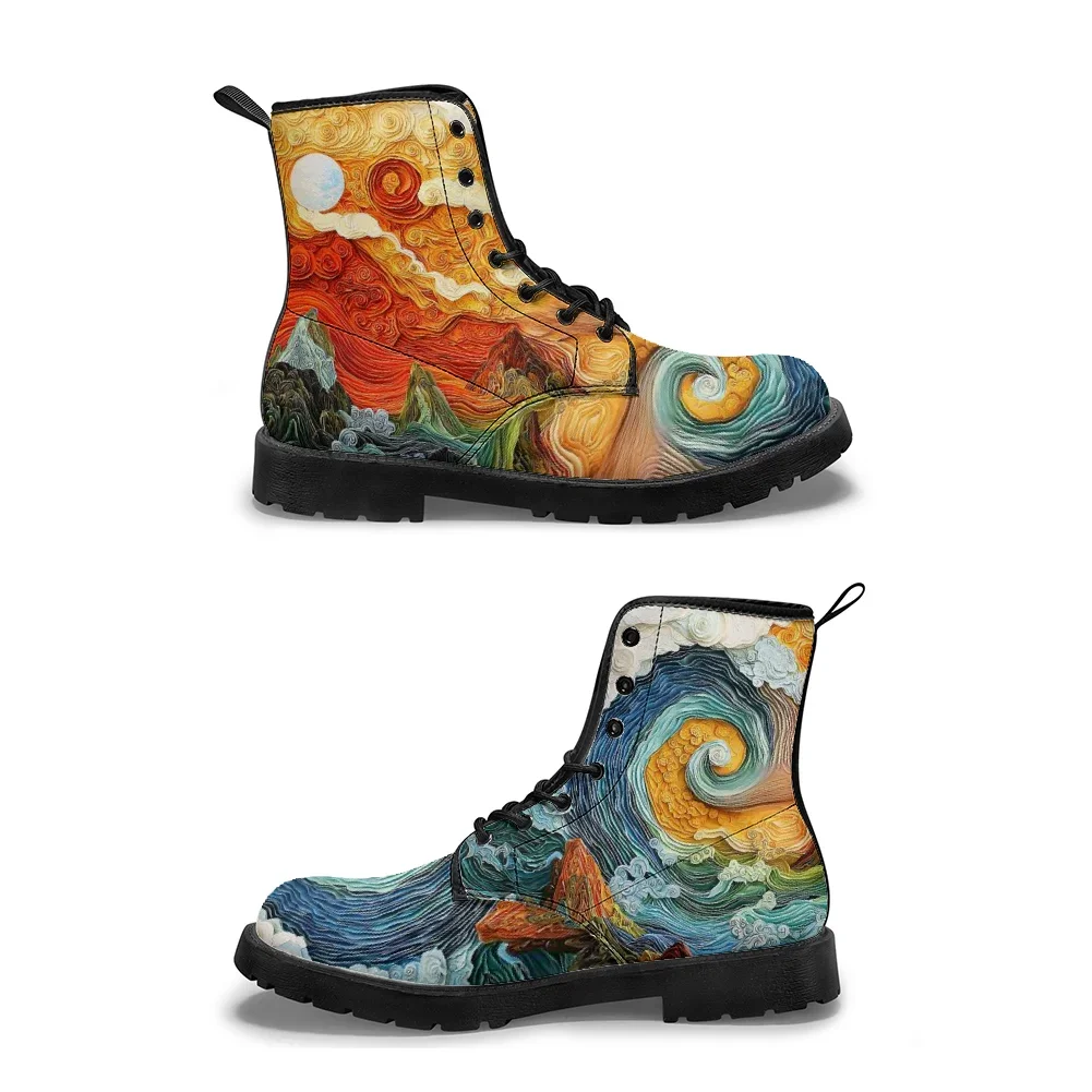 Customizable hand-painted cloud print high-top boots, street casual mid-calf boots for men and women in spring