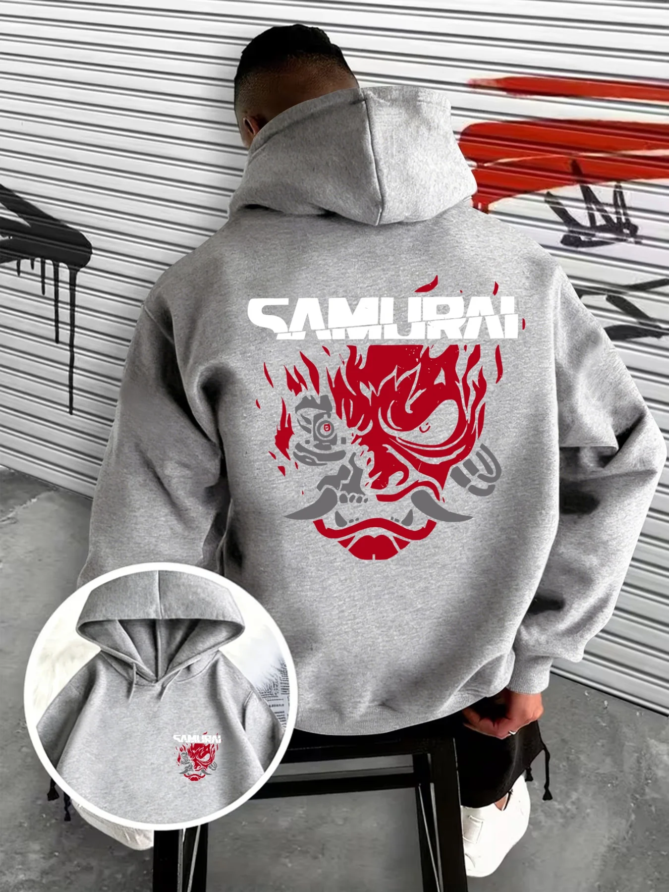 Japanese-style street men's hooded sweatshirt with red and gray cyber ghost warrior pattern print, casual and loose fit hoodie