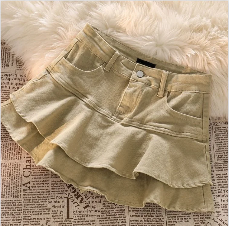 Streetwear Women Khaki Denim Skirts High Waist Short Jean Skirts Stretch Slim Sexy Pleated Skirt Spring Summer A-Line Pantskirts