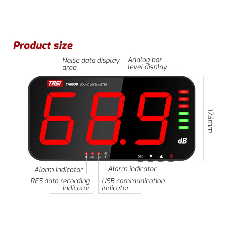 TASI TA653A TA653B Digital Sound Level Meter Large Screen Display Noise dB Meter Wall Hanging Type alarm Hospital Bar School