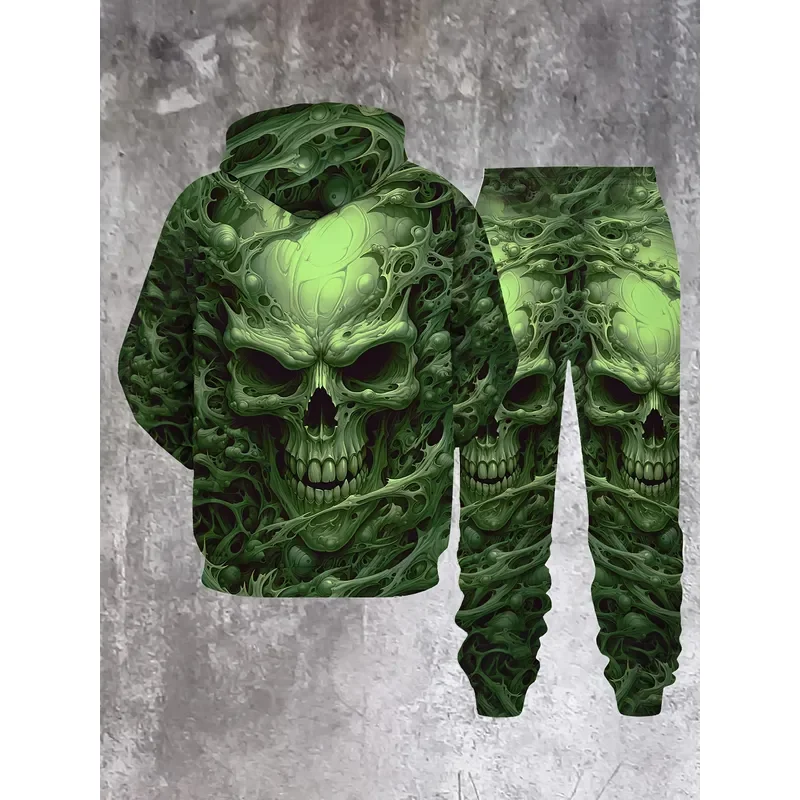Dark Fluorescent Green Skull Hoodie 2 Piece Set Men Autumn Winter New Outdoor Streetwear Casual Sweatshirt Pants Tracksuit view 2