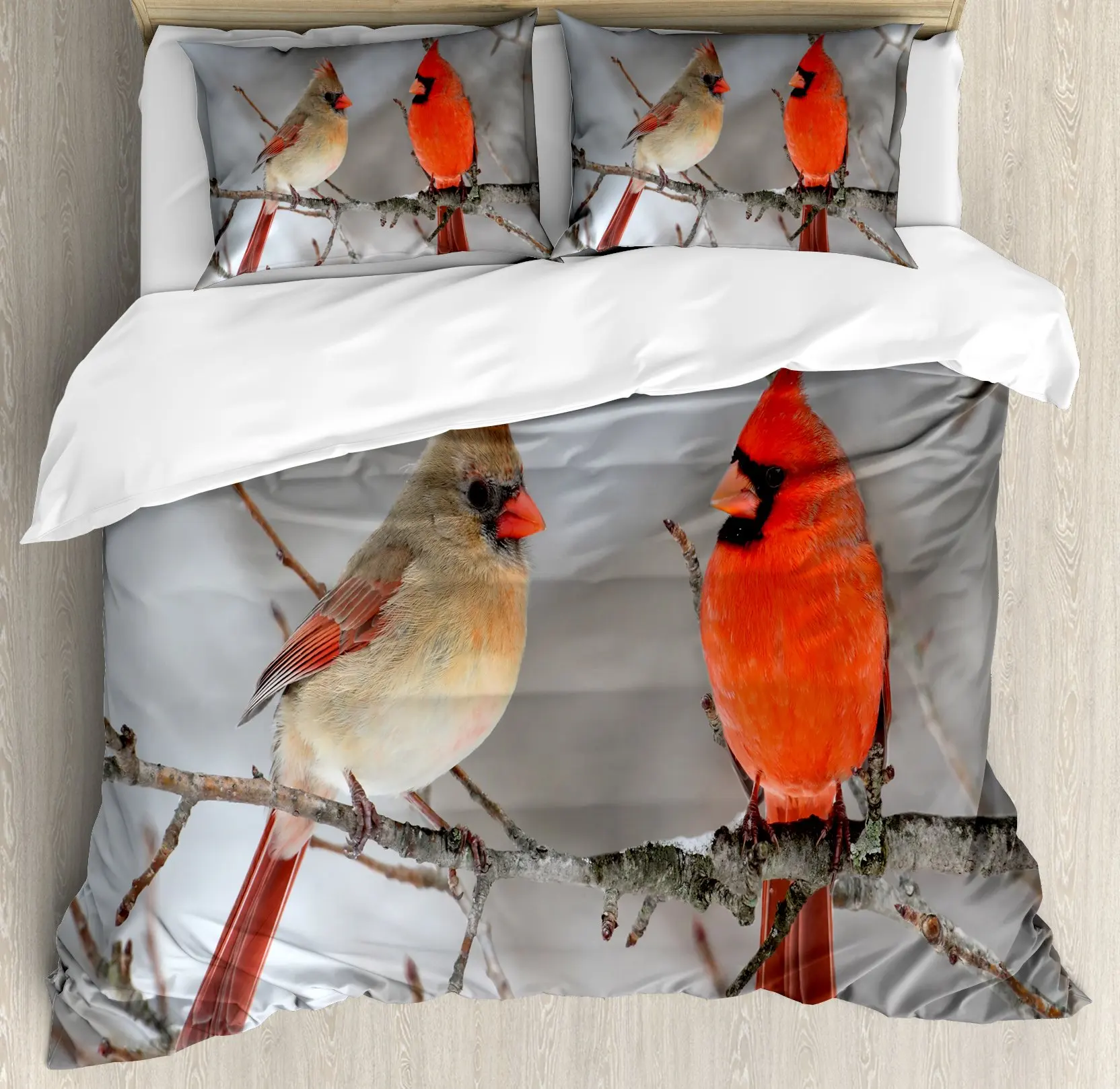 

Bird Vermilion Beige Duvet Cover Pair of Northern Cardinal Birds on A Tree Avian Wildlife Fauna Vermilion for Bedroom Decoration