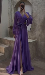 Yipeisha Simple Modern Style Formal Evening V-Neck A-line Flowers Draped Floor-Length Chiffon Bespoke Occasion Dresses