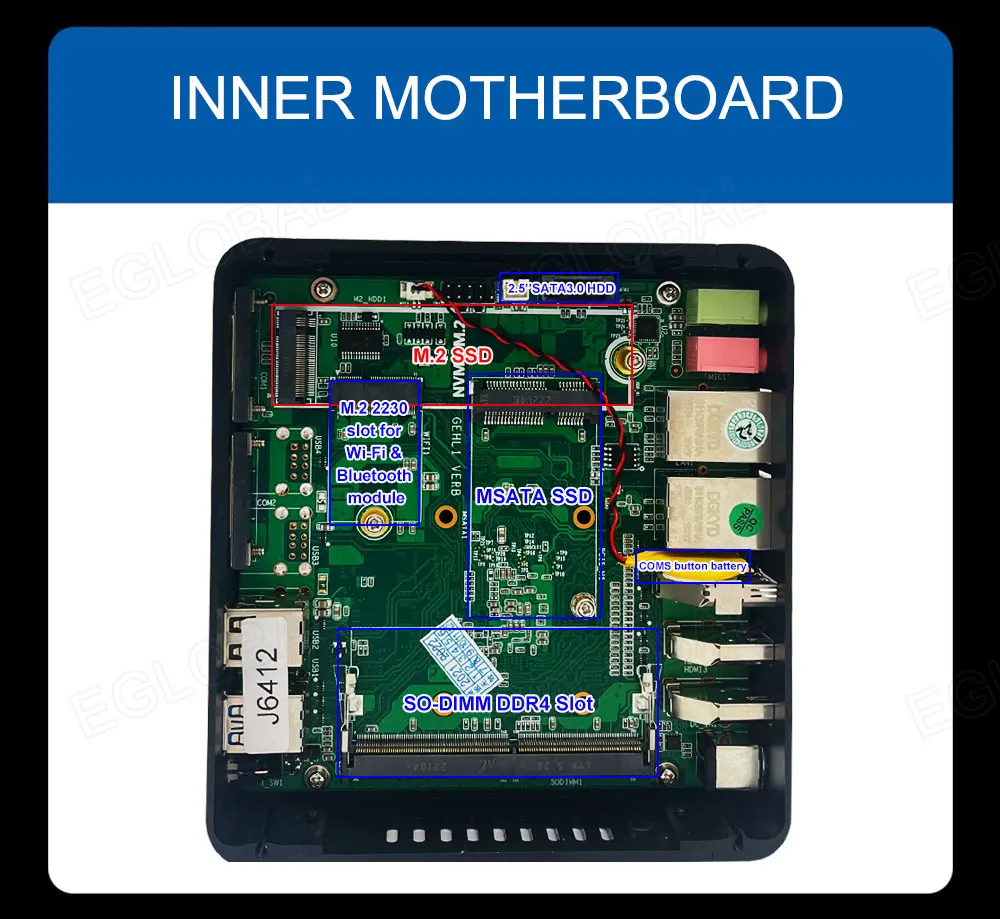 EGLOBAL Intel Celeron J6412 J6426 2RJ45 LAN 2RS232 COM DP 2HDMI 4USB Msata Mini PC senza ventola