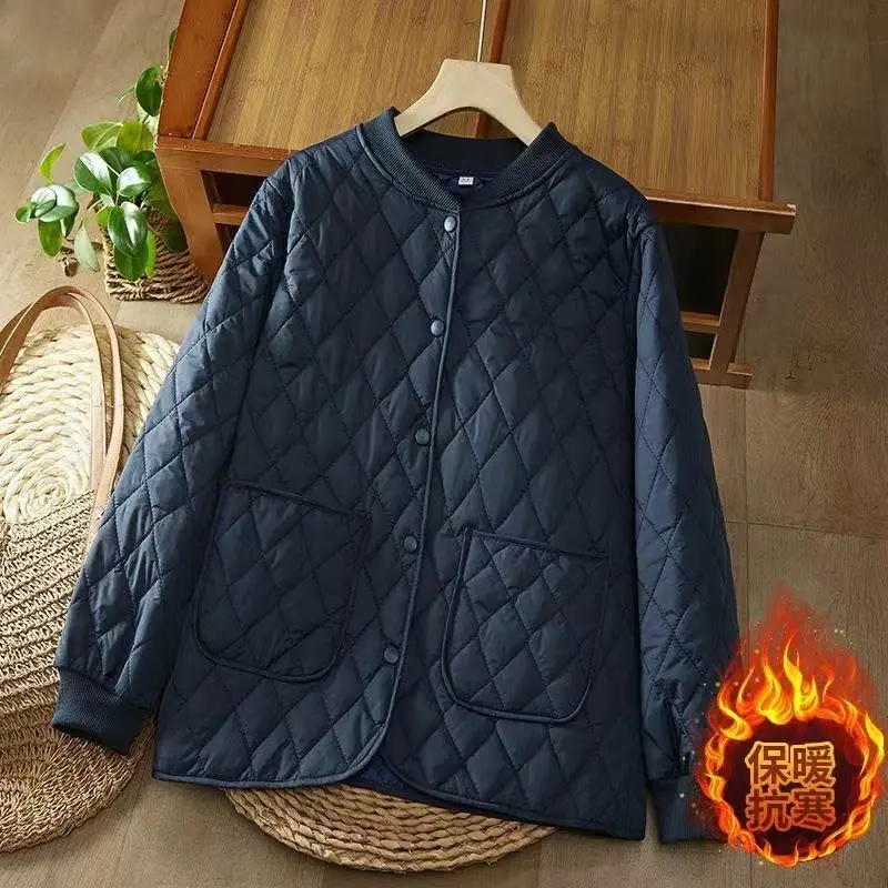 2025 Giacca in cotone leggero da donna Nuove giacche larghe a maniche lunghe con griglia di diamanti autunno inverno top casual solido da madre