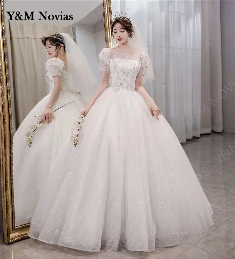 

Y&m Vestidos De Novias 2022 New Luxury Sequined O Neck Plus Size Wedding Dress With Sleeve Shinny Lace Bride Gowns Real Photo