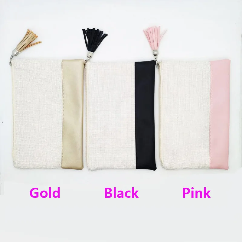 Thermal Sublimation Blank Small Cosmetic Bag With Fringe Linen Storage Bag With Zipper Heat Transfer For Custom Coin Bag